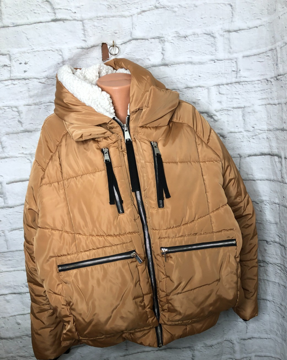 7 For All Mankind Puffer Sherpa-Lined Hooded Jacket Camel Brown Sz L Zip Pockets